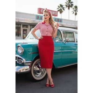 Rockabilly Sweet Suit Women vintage 12 Red Houndstooth 2pc Skirt Suit Set pin up